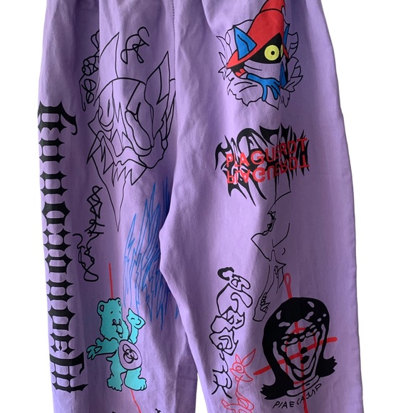 Kidcore Harijuku Bears Graphic Baggy Streetwear Pull On Neon Purple Pants Small - Picture 9 of 13